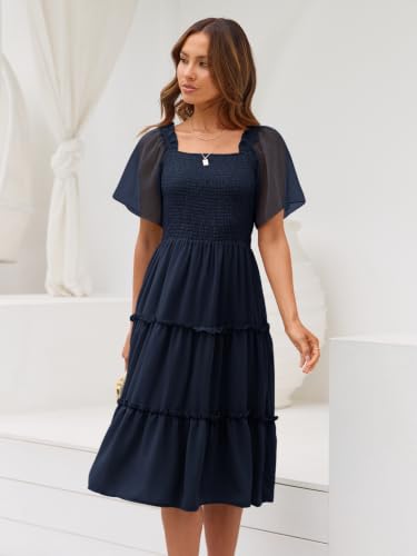 LILLUSORY Women Tiered Flutter Sleeve Square Neck Smocked Midi Dress - color: Navy Blue, size: Medium