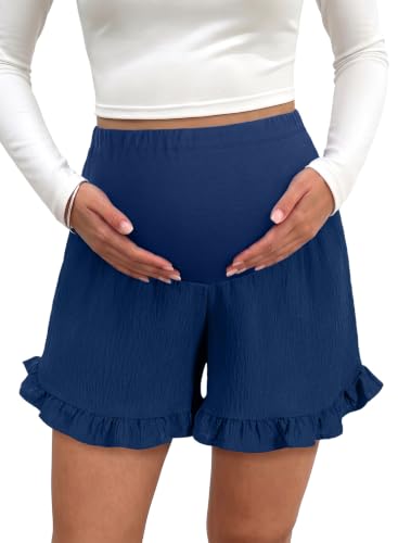 BLENCOT Maternity Shorts Over Belly Ruffle Hem Pregnancy Clothes - color: Sail Blue, size: X-Large