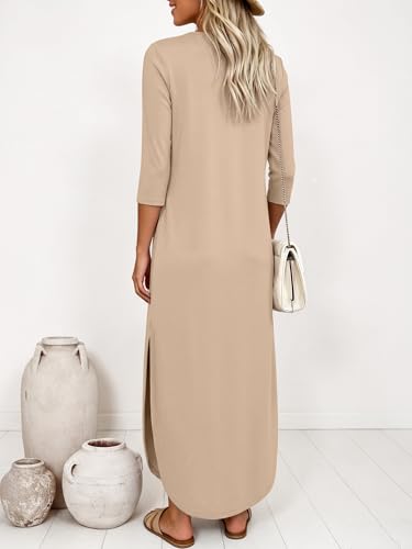 ANRABESS Women’s Air Layer 3/4 Sleeve Fall Maxi Dress & Pockets - color: Almond, size: Medium