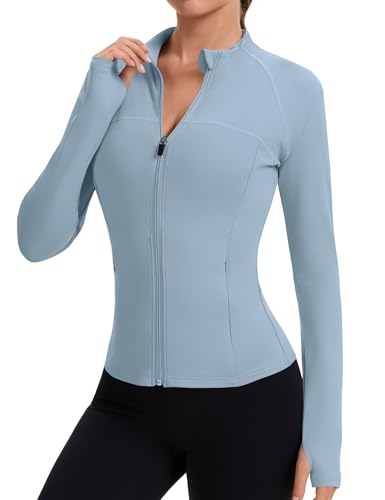 Rapbin Women's Full Zip Workout jackets Runing Slim Fit Athletic Tops With Thumb Holes - color: Blue, size: Large