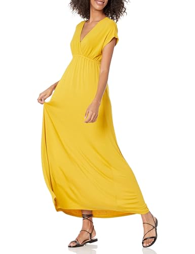 Amazon Essentials Women's V Neck Short Sleeve Empire Waist Maxi Dress (Available in Plus Size) - color: Dark Yellow, size: Large