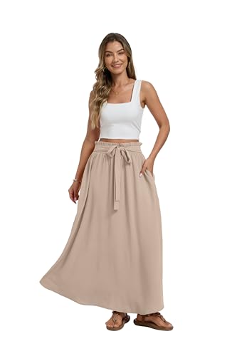 Womens Maxi Skirt with Pockets Elastic Waist Pleated A Line Summer - color: Apricot, size: 3X-Large