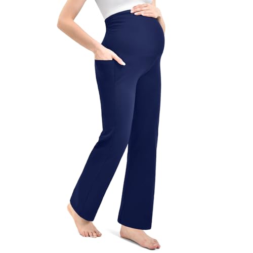 Leafigure Maternity Wide Leg Pants Over Belly with Pockets - color: Navyblue, size: XX-Large