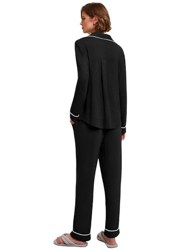 Ekouaer Women's Pajamas Long Sleeve Loungewear Casual Button Down Pjs - color: Black, size: XX-Large