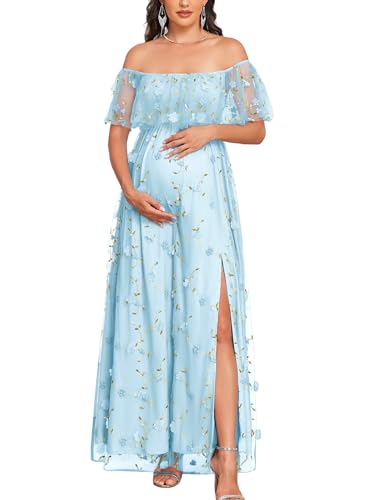 AISWI 3D Floral Maternity Dress Off Shoulder Mesh Ruffle Pregnancy Maxi Gown with Split Photoshoot Baby Shower Wedding - color: Lake Blue, size: Large