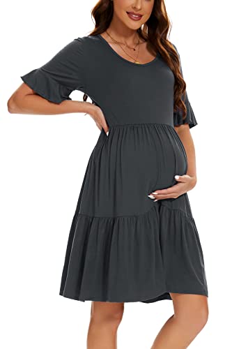 Smallshow Women's Maternity Dress Ruffle Short Sleeve Pregnancy Clothes - color: Dark Grey, size: Large