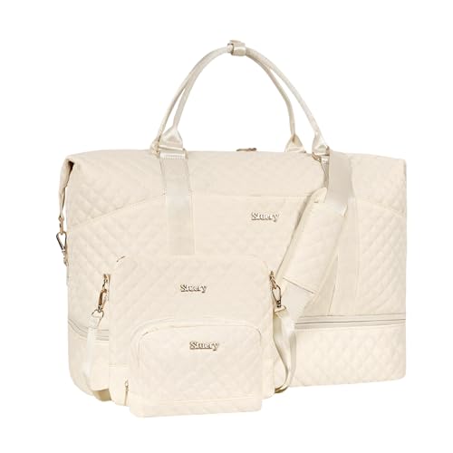 Weekender Bags for Women, Large Travel Duffel Bag, Carry on Overnight Bag - color: H-3PCS Beige White