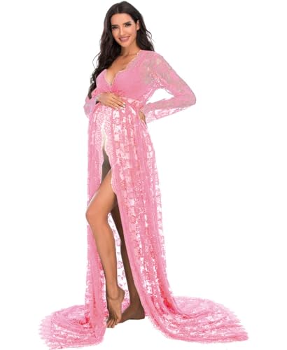 ZIUMUDY Maternity Deep V-Neck Split Front See-Through Maxi Lace Dress for Photography with Long Sleeve - color: Pink, size: Medium