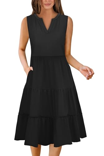 Summer Dresses for Women 2026 Flowy Casual Boho Midi Sun Dress with Pockets - color: Solid-black, size: Large