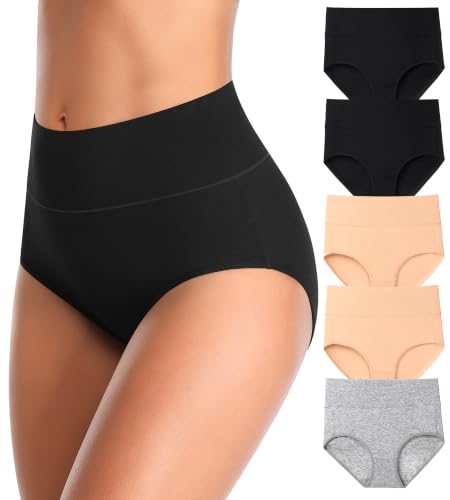 MISSWHO Cotton High Waisted Women Underwear Soft Briefs Full Coverage Comfy Ladies Panties (Regular & Plus Size) - color: 5 Pack=multicolor-a7, size: Medium