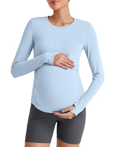 G4Free BareFeel Pregnancy Workout Tops Maternity Long Sleeve Shirts Ruches - color: Light Denim, size: X-Small