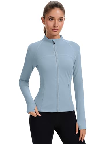 Rapbin Women's Full Zip Workout jackets Runing Slim Fit Athletic Tops With Thumb Holes - color: Blue, size: Large