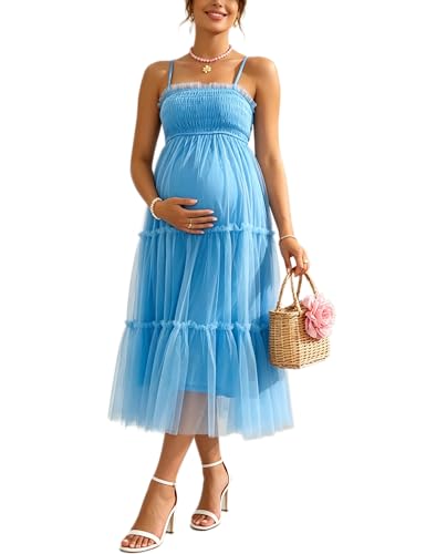 Maternity Midi Dress Spaghetti Strap Smocked Tiered Tulle Gown - size: X-Large