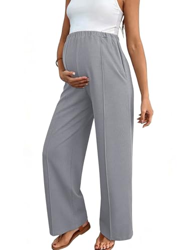 BLENCOT Women's Maternity Pants Work Adjustable Waisted Wide Leg Waffle Knit Trousers Pregnancy Clothes with Pockets - color: Grey, size: Small