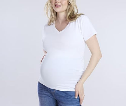 Motherhood Maternity Women's Short Sleeve Side Ruched V-Neck Pregnancy Tee Shirt - color: White, size: Small