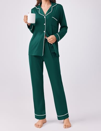 Ekouaer Womens Pajamas Set Button Down Long Sleeve Top & Pants Lounge Sets - color: Blue Green, size: X-Large