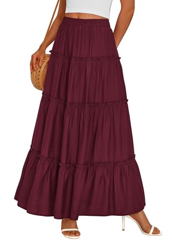 PRETTYGARDEN Women's Boho Tiered Ruffle Flowy Maxi Skirt - color: Burgundy, size: XX-Large