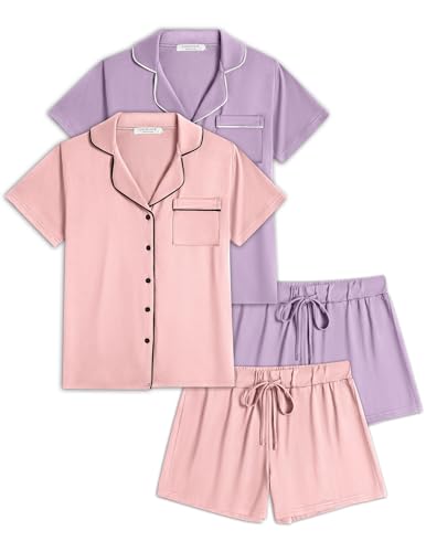 Ekouaer Womens Pajamas Set 2 Pack Button Down Summer Short Sleeve Pjs S-XXL - color: Lilac/Pink, size: Large