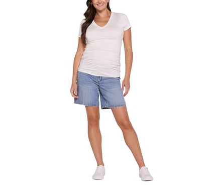 Motherhood Maternity Women's Under the Belly Bermuda Denim Pregnancy Shorts with Side Elastic Panel Insets - size: Small