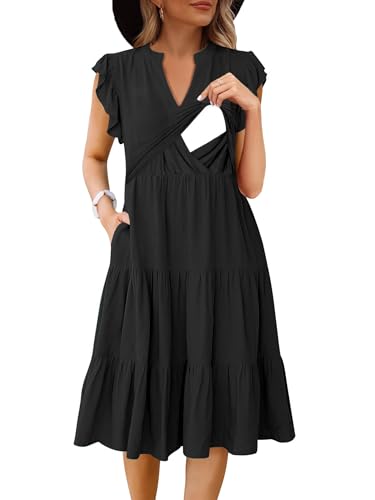 CzzzyL Womens Nursing Midi Dress Breastfeeding Sleeveless Tiered Pockets - color: Black, size: Small