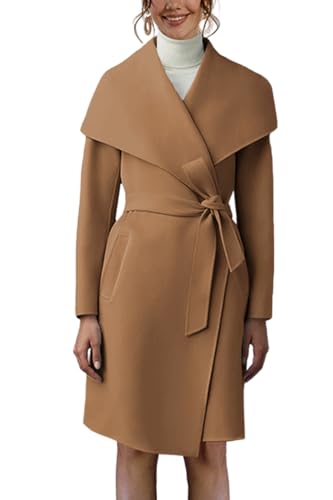 Cicy Bell Women's Pea Trench Coat Lapel Collar Long Jacket Open Front Belted Overcoat with Pockets - color: Brown, size: XX-Large