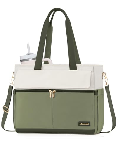 LOVEVOOK Laptop Bag for Women 15.6 Inch Canvas Laptop Large Capacity Work Bags Mutiple Pockets Teacher Bag Water Resistant Computer Bags for Business Travel Nurse, Green Beige - color: Green&beige, size: 15.6 Inch