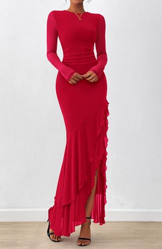 BTFBM Women's Maxi Dresses Fall 2026 Long Sleeve Wedding Guest Dress - color: Red, size: Medium