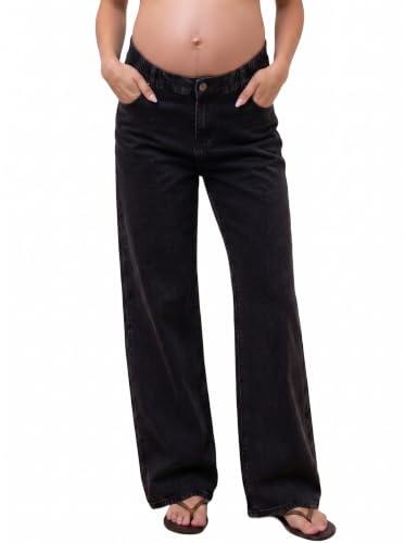 BLENCOT Women Wide Leg Elastic Waist Maternity Jeans with Pockets - color: Black, size: Large