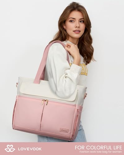 LOVEVOOK Laptop Bag for Women 15.6 Inch Canvas Laptop Large Capacity Work Bags Mutiple Pockets Teacher Bag Water Resistant Computer Bags for Business Travel Nurse, Pink Beige - color: Pink&beige, size: 15.6 Inch