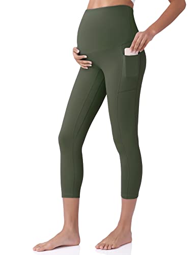 POSHDIVAH Maternity Capri Leggings with Pockets Pregnancy Workout Pants - color: Army Green, size: X-Small