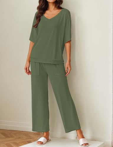 Ekouaer Lounge Sets for Women Comfy Pajamas Set 2 Piece Outfits - color: Army Green, size: Small