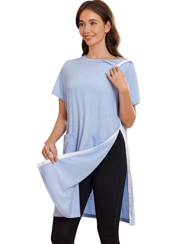 Deyeek Women Post Shoulder Surgery Tear Away Full Open Side Snap Nightgowns - color: Blue, size: X-Large