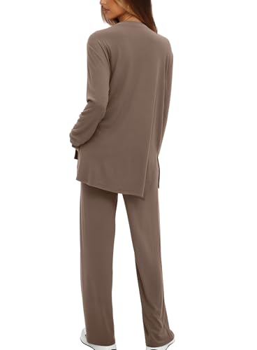 Darong Womens 2 Piece Fall Lounge Sets Oversized Tops Wide Leg Pants - color: Khaki, size: Large