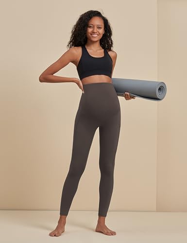 POSHDIVAH Maternity Workout Leggings Pregnancy Yoga Pants Pockets - color: Black Brown, size: Medium
