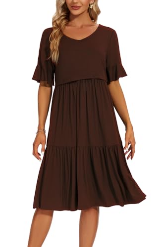 Smallshow Women's Ruffle Maternity Nursing Dress - color: Coffee, size: Large
