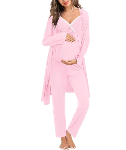 SWOMOG Maternity Nursing Robe Set 3 Piece Breastfeeding Pajamas 3 in 1 Labor Delivery Sleevless Tops&Long Pants Pregnancy Pjs - color: Pink, size: Small
