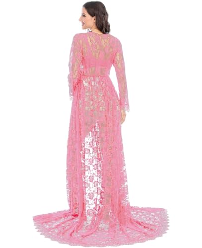 ZIUMUDY Maternity Deep V-Neck Split Front See-Through Maxi Lace Dress for Photography with Long Sleeve - color: Pink, size: Medium