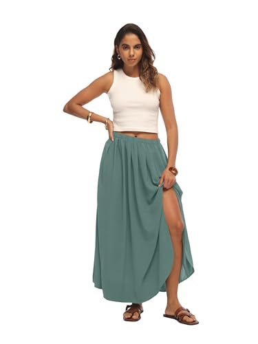 HiMONE Womens Maxi Skirt High Waisted Flowy A Line with Side Slit - color: Aqua Sea, size: XX-Large