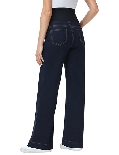 Foucome Maternity Jeans Wide Leg Trendy Pregnancy Denim Pants - color: Midnight Blue, size: Medium