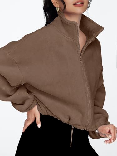 AUTOMET Womens Fleece Jackets Zip Up Oversized Cropped Sweatshirts - color: Coffee, size: Medium