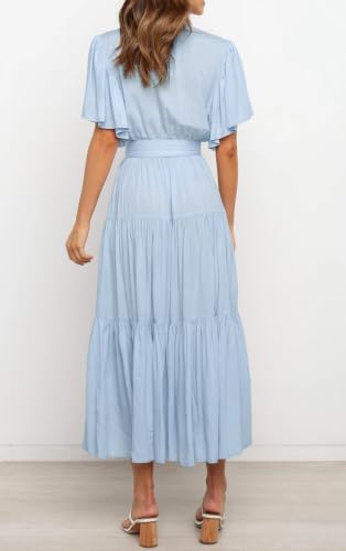 R.Vivimos Womens Summer Casual Ruffle A-Line Midi Dress - color: Skyblue-shortsleeve, size: Medium
