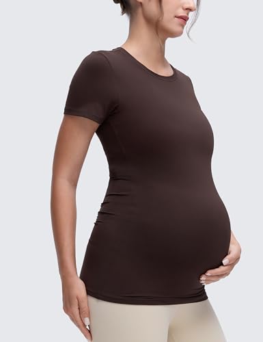 CRZ YOGA Maternity Crewneck T-Shirt - color: Hot Fudge Brown, size: Medium