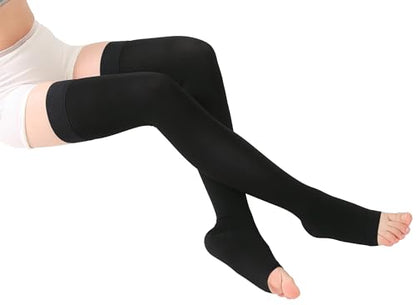 TOFLY 20-30mmHg Thigh High Compression Stockings Open Toe for Men & Women - color: 20-30mmhg Open-toe Black, size: Medium
