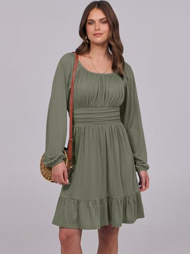 ANRABESS Women Long Lantern Sleeve Square Neck Fall Short Dress - color: Army Green, size: XX-Large