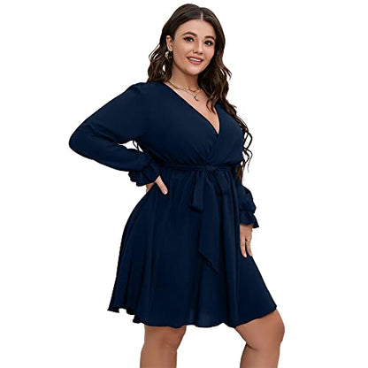 SCOMCHIC Women's Plus Size Long Sleeve Wrap V Neck A Line Mini Dress - color: Navy Blue, size: X-Large Plus