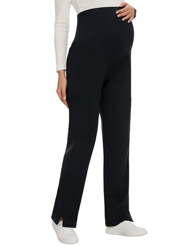 AMPOSH Women's Maternity Scrub Pants with 6 Pockets Stretchy Straight Leg Pregnancy Workwear - color: Black, size: Medium