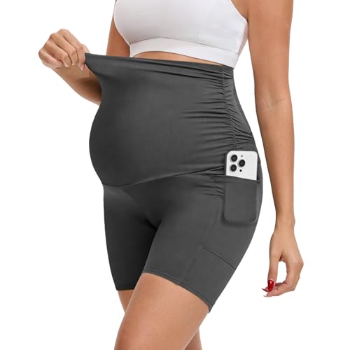 Maternity Biker Shorts with Pockets Over The Belly 6" - color: Grey, size: Large