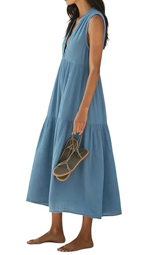 R.Vivimos Womens Summer Cotton Button V Neck Maxi Dress - color: Blue, size: Small