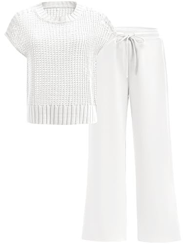 ANRABESS Women Two Piece Outfits Crochet Lounge Matching Travel Sets - color: White, size: Medium