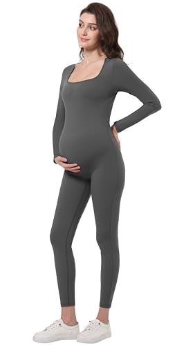 V VOCNI Maternity Jumpsuit Long Sleeve Women's Square Neck Bodysuit - color: Grey, size: X-Large
